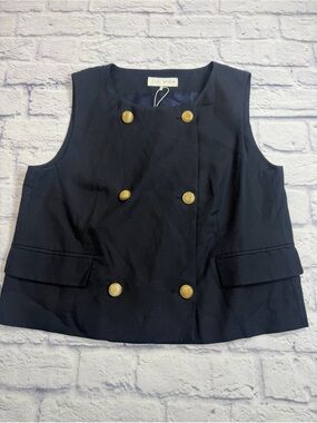 Zara Navy Double-Breasted Sleeveless Blazer Vest with Gold Buttons. Size Large.